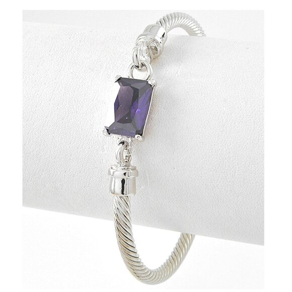Cable Twisted Silver Tone Faux Amethyst Purple Crysal Cuff Bracelet - Picture 1 of 2